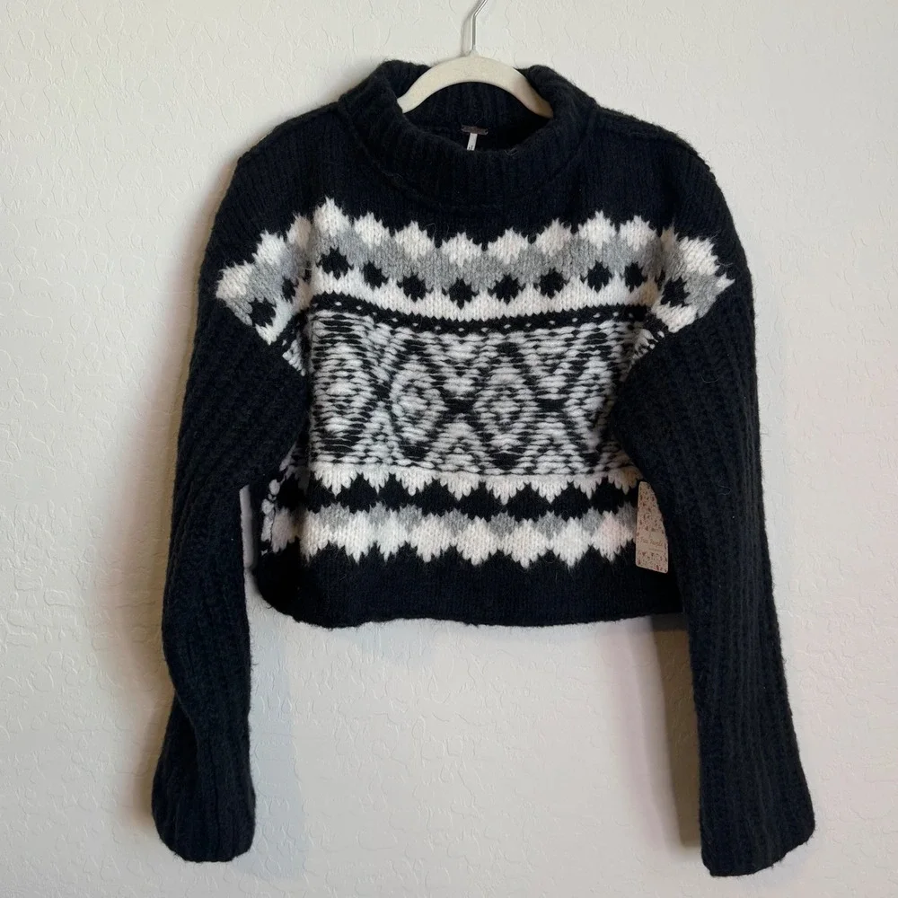 NWT Free People Onyx Combo Fair Isle Cropped Wool Alpaca Sweater Chunky Knit
